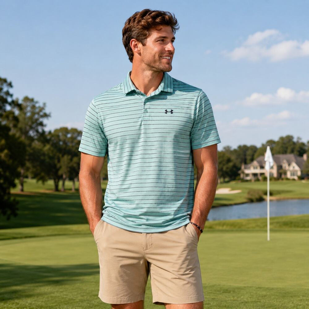 Under Armour The Playoff Polo Shirt Men's Large Mint Green Striped Golf Stretch